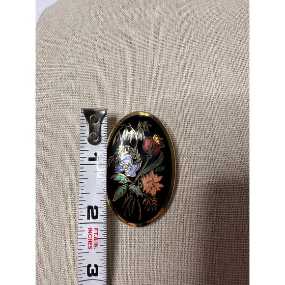 Vintage Enamel Brooch Pin Black and Gold Cloisonne Style Asian Oval - Picture 4 of 4
